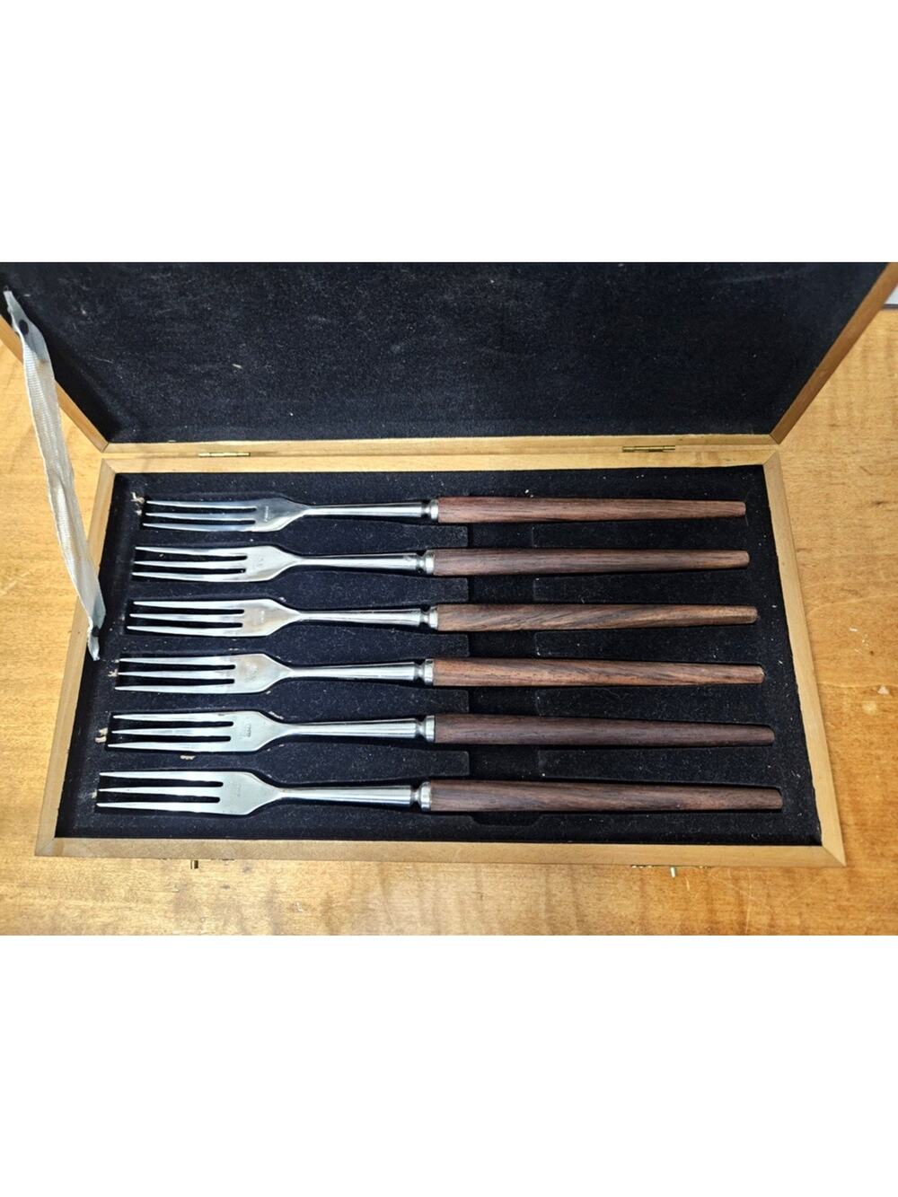 Vintage Japanese Stainless Steel Fondue Fork Set in Wooden Box – Mid Century Mod